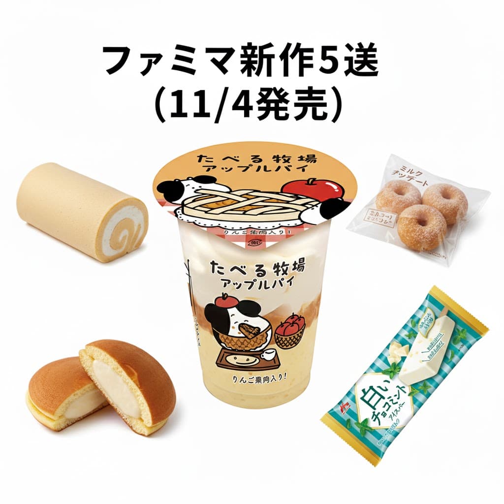 2025年11月4日発売のファミマ新作5品。たべる牧場アップルパイを中心に、ミルクレープロール、モッチ生ドーナツ、バターどら焼き、白いチョコミントアイスバーを並べたアイキャッチ画像。