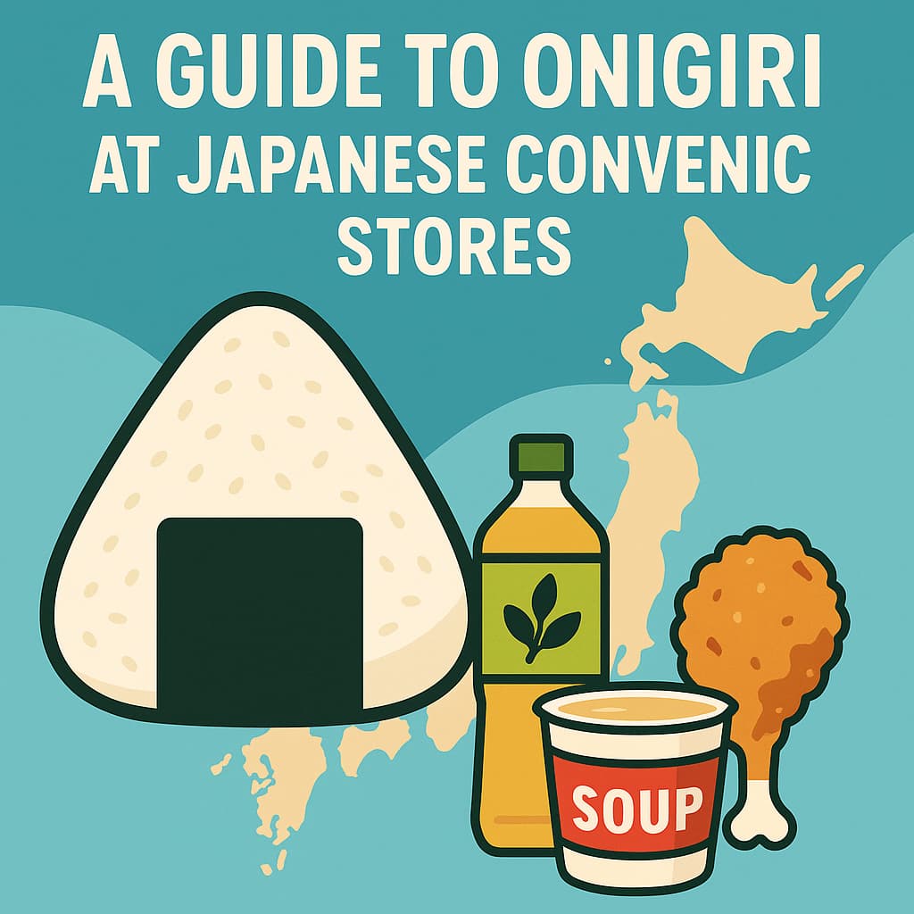 Illustration of an onigiri, green tea bottle, soup cup, and fried chicken in front of a simplified map of Japan, with the English title ‘A Guide to Onigiri at Japanese Convenience Stores.