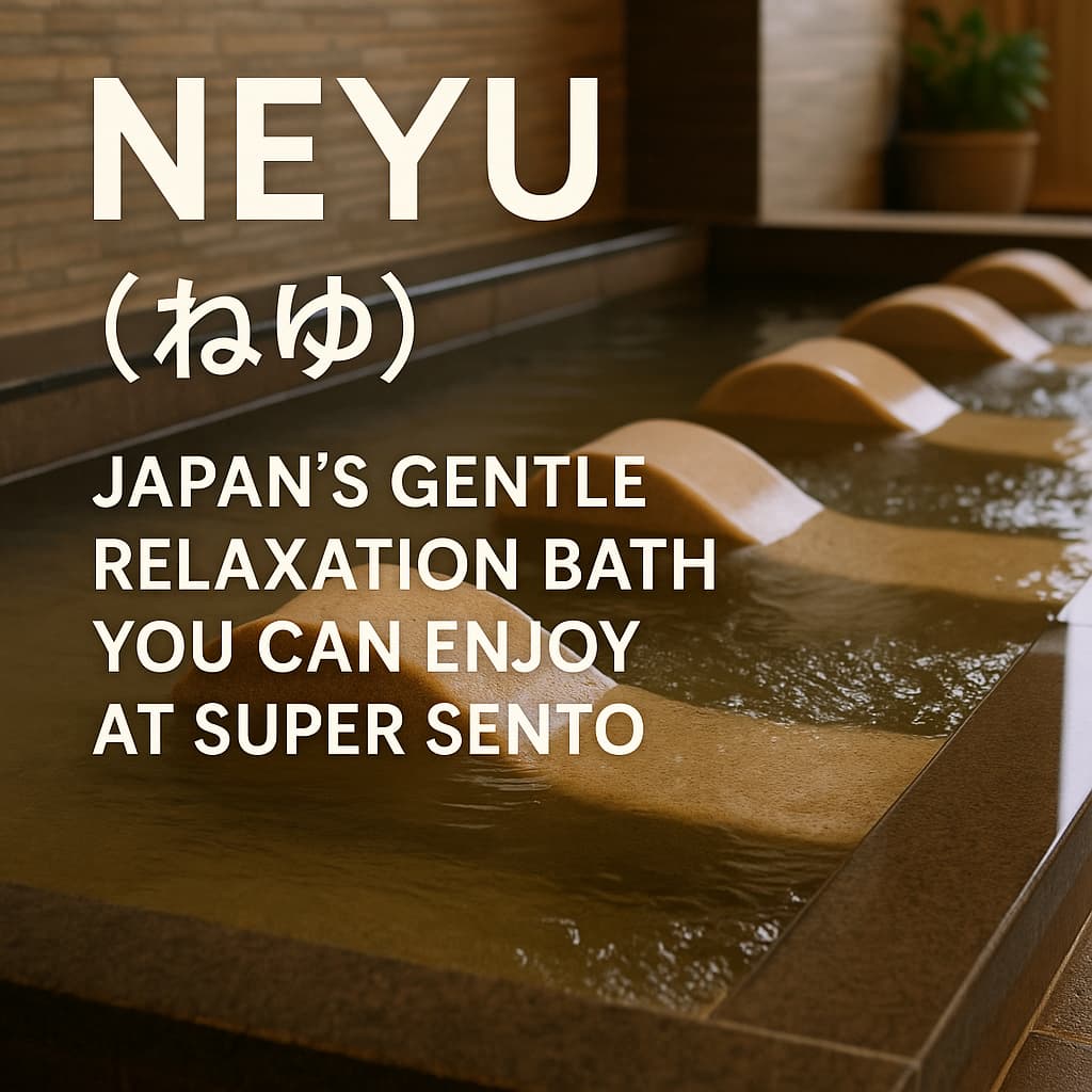 A relaxing neyu bath at a Japanese super sento, showing shallow water and curved reclining beds designed for lying down. The warm, calm atmosphere highlights Japan’s gentle style of relaxation.