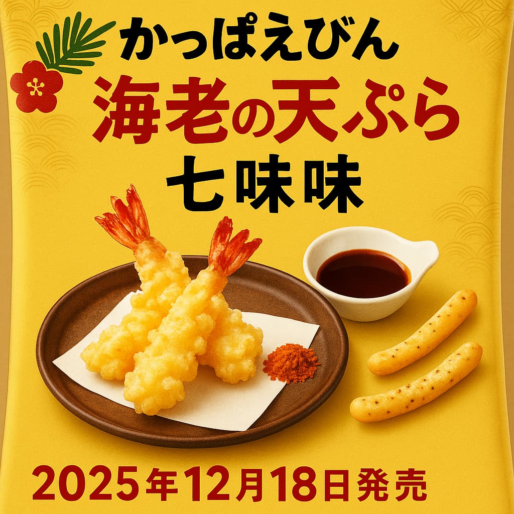和風パッケージのかっぱえびせん風スナック「海老の天ぷら七味味」。背景には紅葉と和紙風のテクスチャが施され、中央にスナックと七味をまぶした海老の天ぷらが描かれている。パッケージ右上には「期間限定」、下部には「AI生成によるイメージ」のクレジット入り。