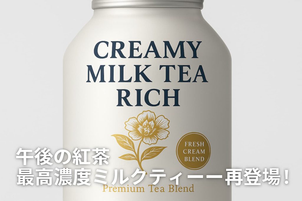 午後の紅茶 最高濃度ミルクティー再登場を知らせるアイキャッチ画像。白とゴールドの高級感あるボトルデザインと告知テキストを配置した告知用ビジュアル。