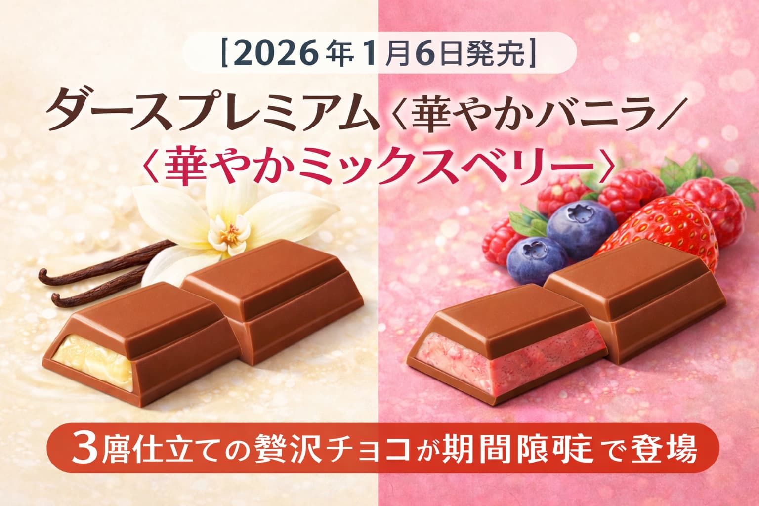 2026年1月6日発売のダースプレミアム〈華やかバニラ〉〈華やかミックスベリー〉。3層仕立てのチョコレートをバニラとベリーのイメージ背景で表現したアイキャッチ画像