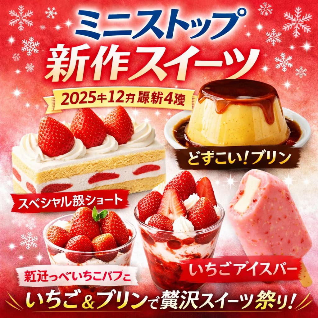 ミニストップの2025年12月新作スイーツ4種。いちごショートケーキ、どすこいプリン、紅ほっぺいちごパフェ、いちごアイスバーを並べたイメージ画像