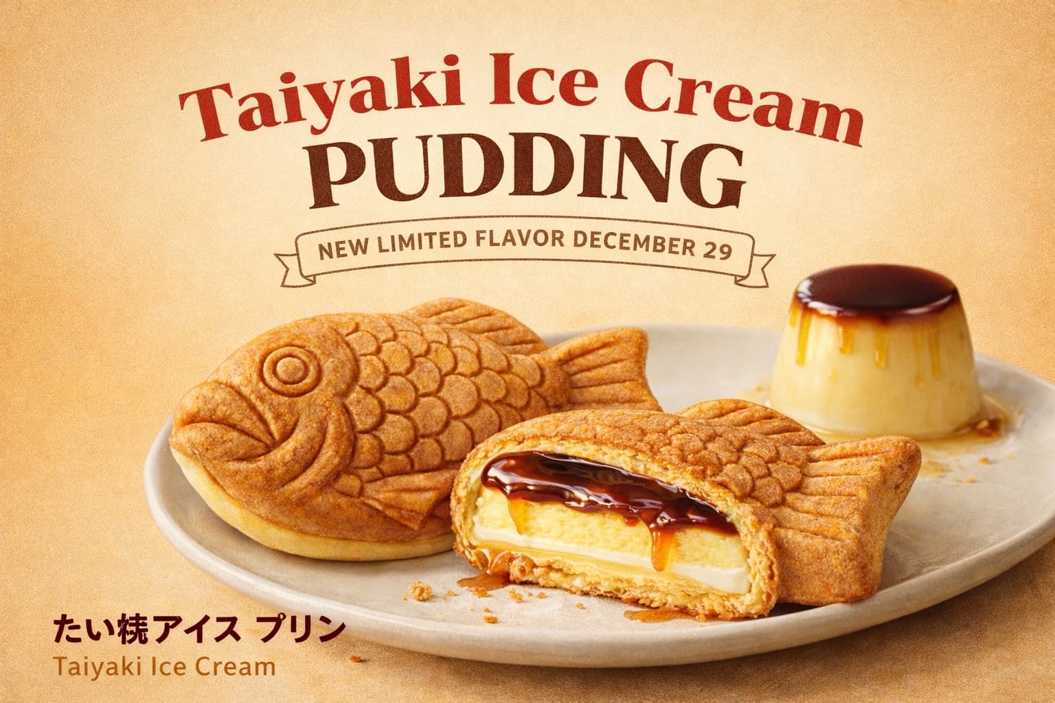 プリン風味のたい焼き型もなかアイスを皿に盛り付けたイメージ。断面からカスタードアイスとカラメルソースが見え、奥にプリンが添えられている。