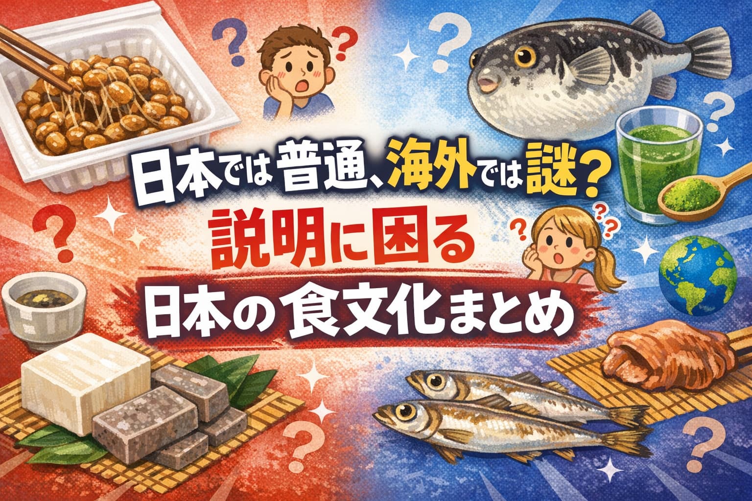 Illustration showing Japanese foods that are normal in Japan but confusing for foreigners, including natto, tofu, konjac, small fish, green vegetable drink, and fugu, with question marks expressing cultural confusion.
