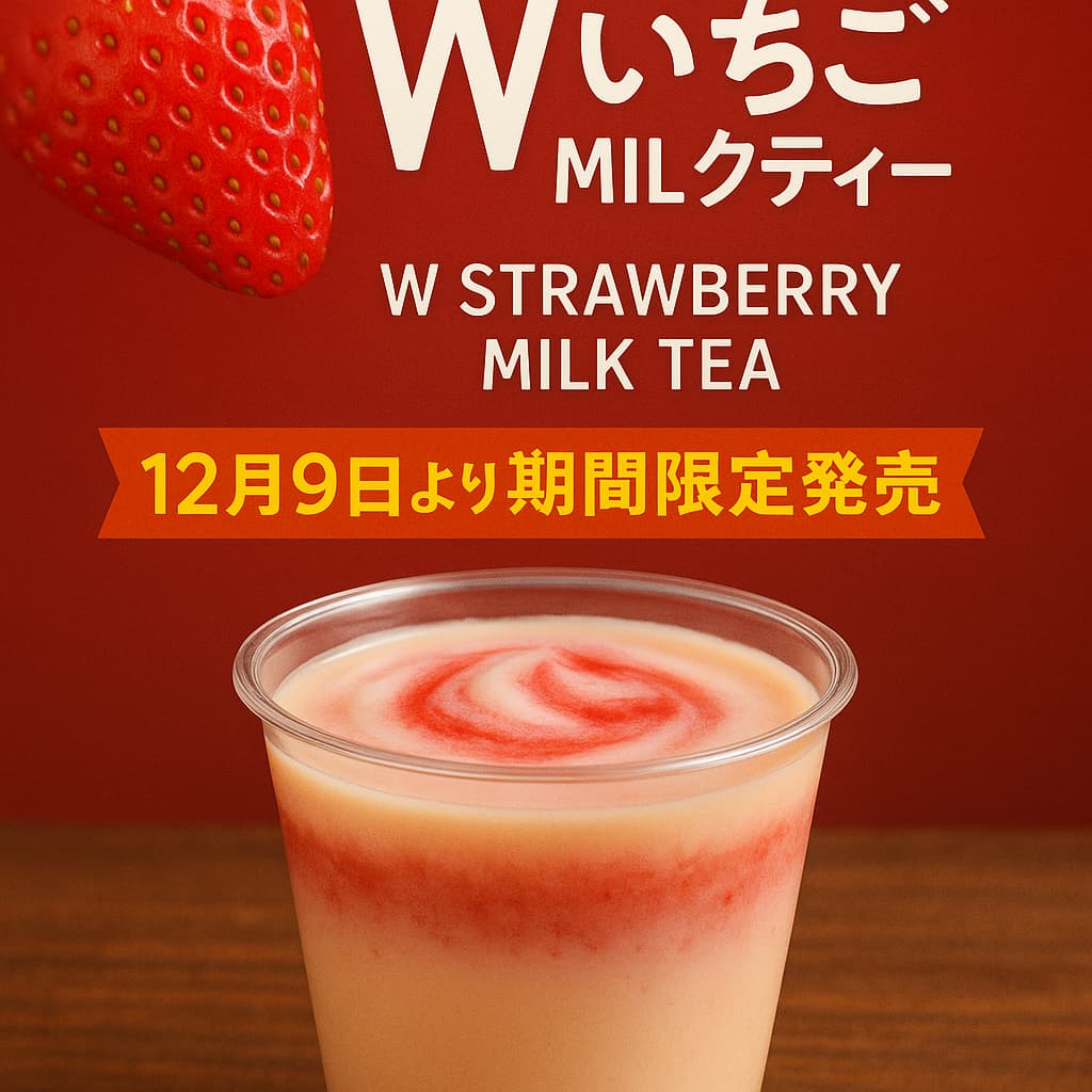 Wいちごミルクティーのアイキャッチ画像。透明カップにピンクと白の層がきれいに混ざったいちごミルクティーが入り、左上には鮮やかな苺、背景は赤。中央に“Wいちごミルクティー”と発売日を示す文字がデザインされている。