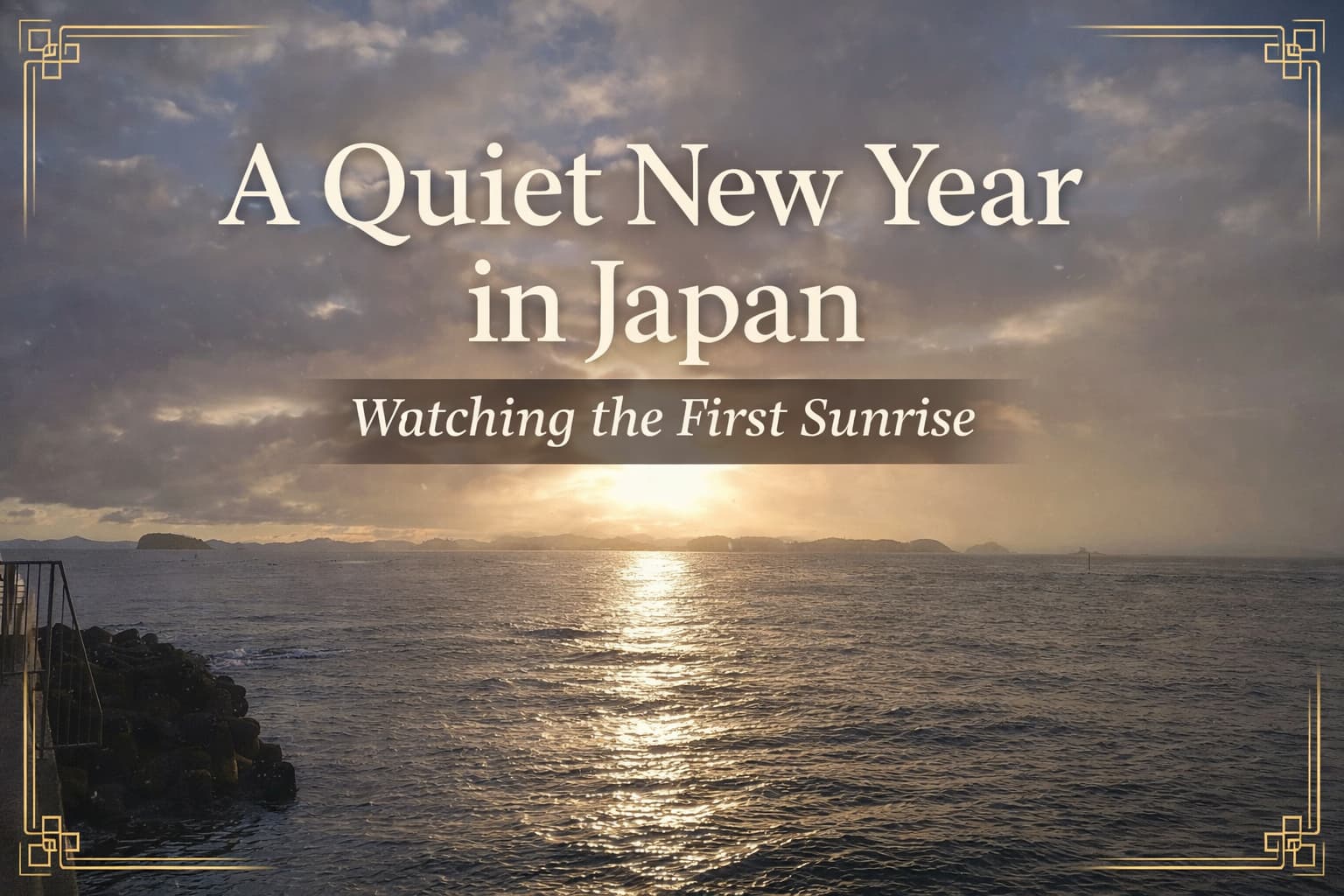 日本の海に昇る元旦の初日の出。静かな港と朝日が反射する水面が印象的な新年の風景