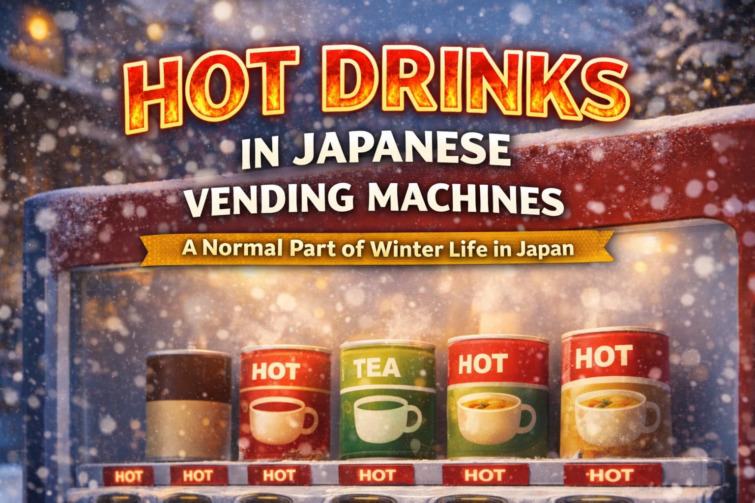 A winter scene of Japanese vending machines offering hot drinks, with cans labeled “HOT” and warm beverages displayed against falling snow.