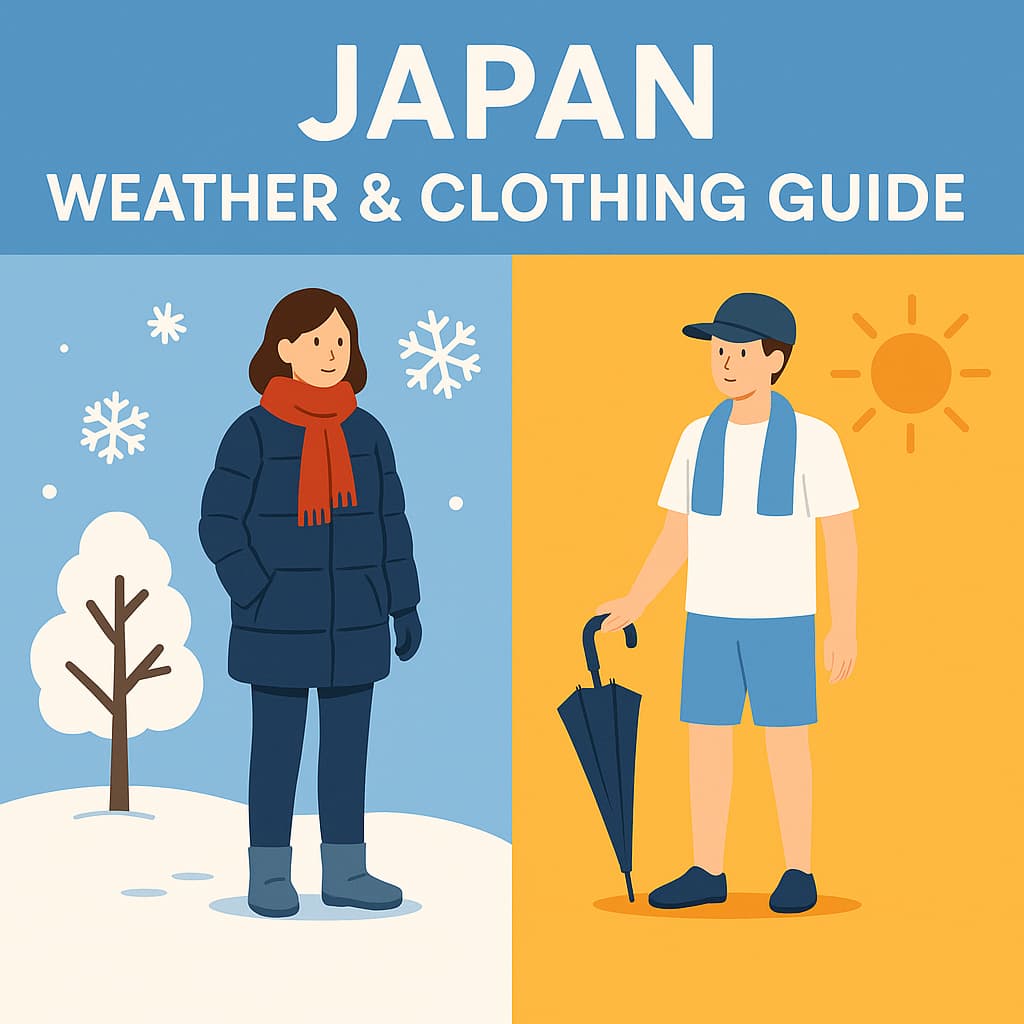 Illustration showing Japan’s winter and summer clothing: winter side with a woman in a warm coat and snow, and summer side with a man in light clothing and sun, representing Japan’s extreme seasonal differences.