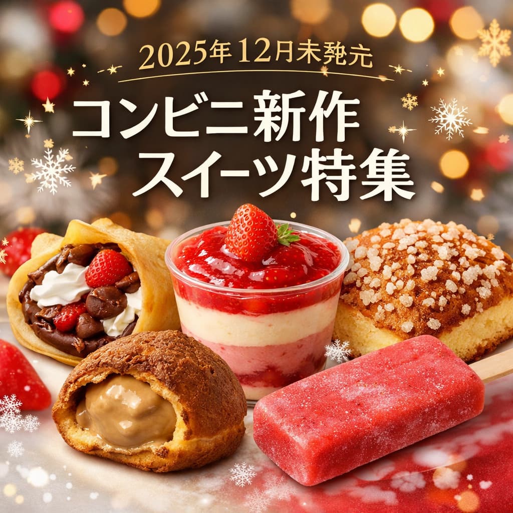 2025年12月末発売のコンビニ新作スイーツ5種。いちごクレープ、チーズケーキ、カステラ、シュークリーム、いちごアイスを並べたイメージ