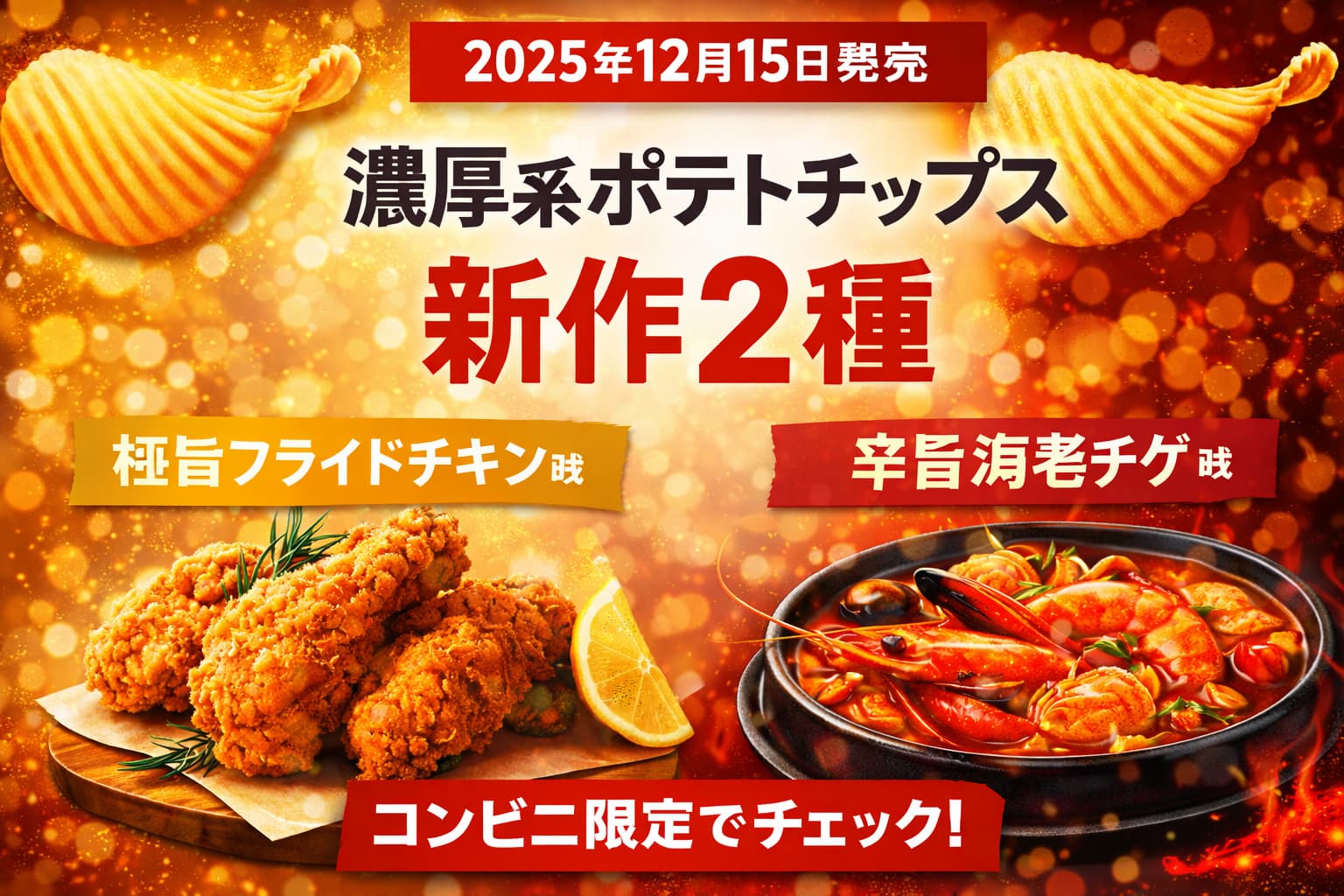 年末シーズンに登場する濃厚系ポテトチップス新作2種をイメージしたブログ用アイキャッチ画像