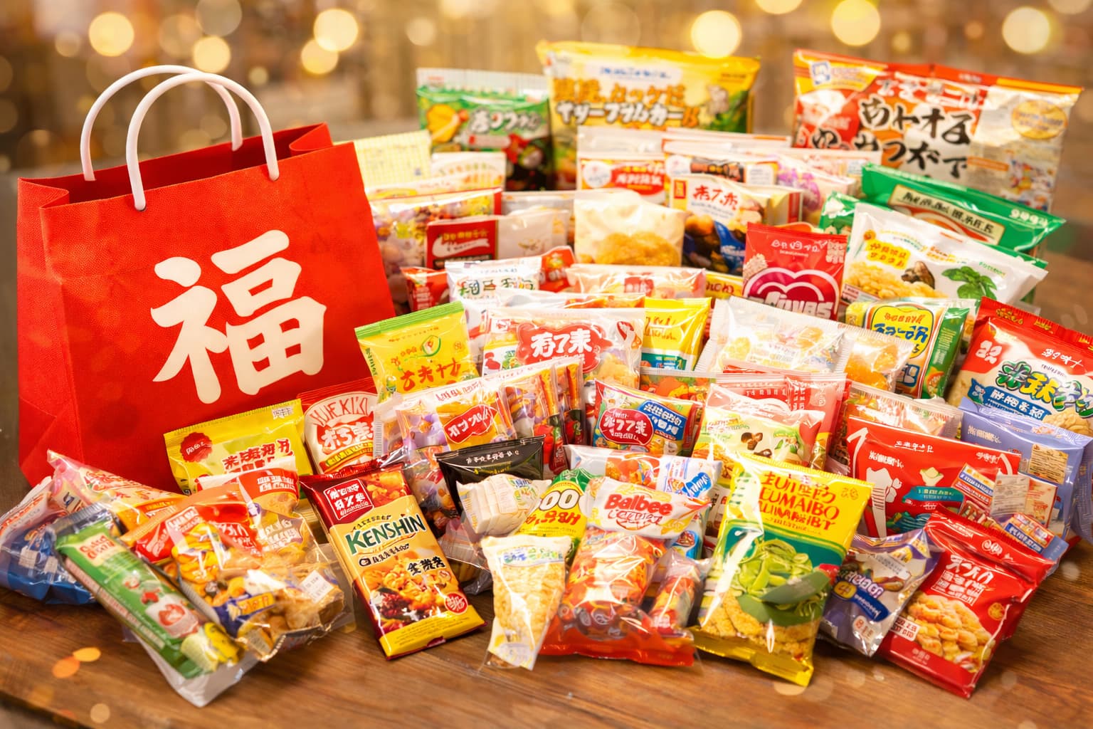 お菓子の福袋の中身が分かる詰め合わせ写真。個包装のお菓子が多数入った日本らしい福袋のイメージ