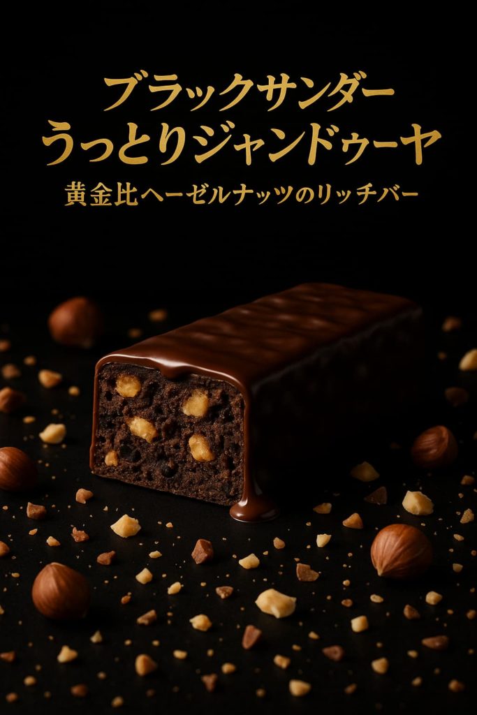 ブラックサンダー「うっとりジャンドゥーヤ」のイメージ画像。濃厚なヘーゼルナッツチョコバーと香ばしいナッツを組み合わせた、冬限定のジャンドゥーヤ風チョコレートバー。