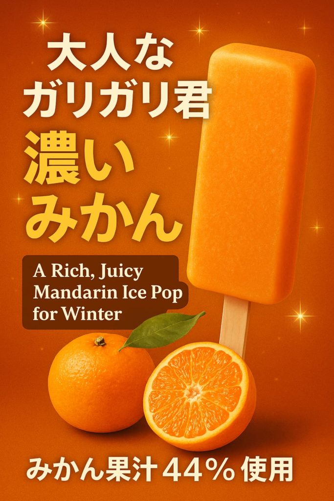 大人なガリガリ君 濃いみかんのアイキャッチ画像。みかん色の背景に、濃いみかんアイスバーとみかんの果実・断面が並び、『濃いみかん』『みかん果汁44％使用』の文字が入った冬向けプロモーション画像。