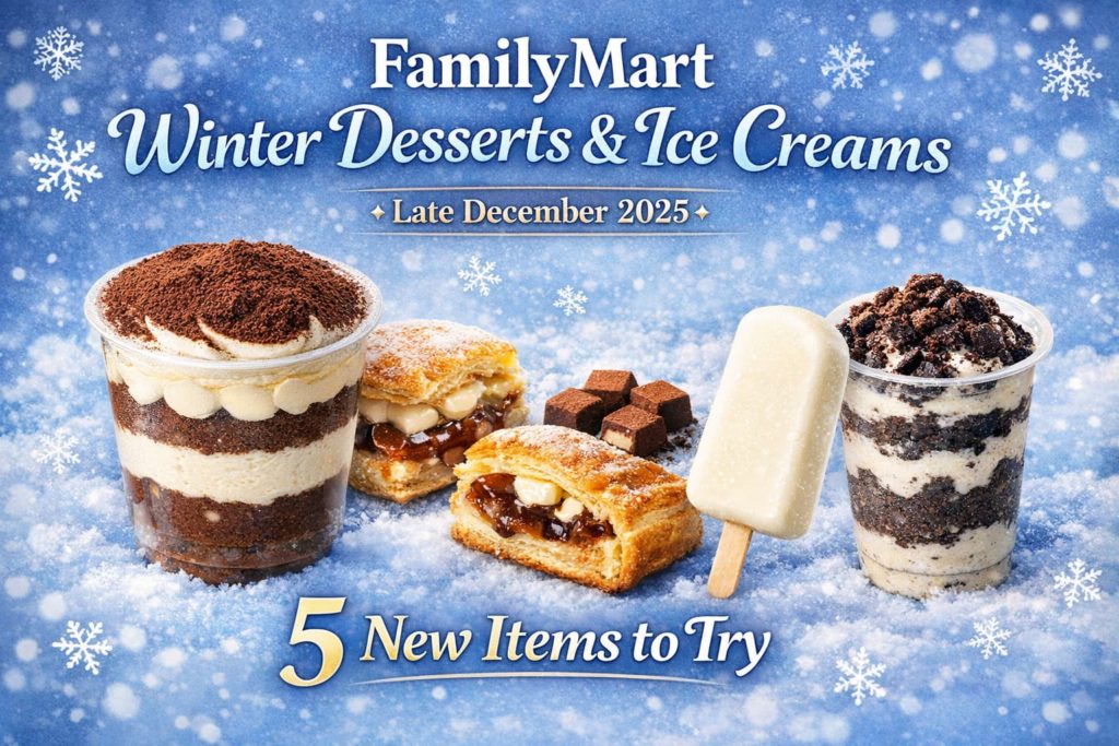 2025年12月下旬発売のファミリーマート新作スイーツ＆アイス5品をイメージした冬のまとめアイキャッチ