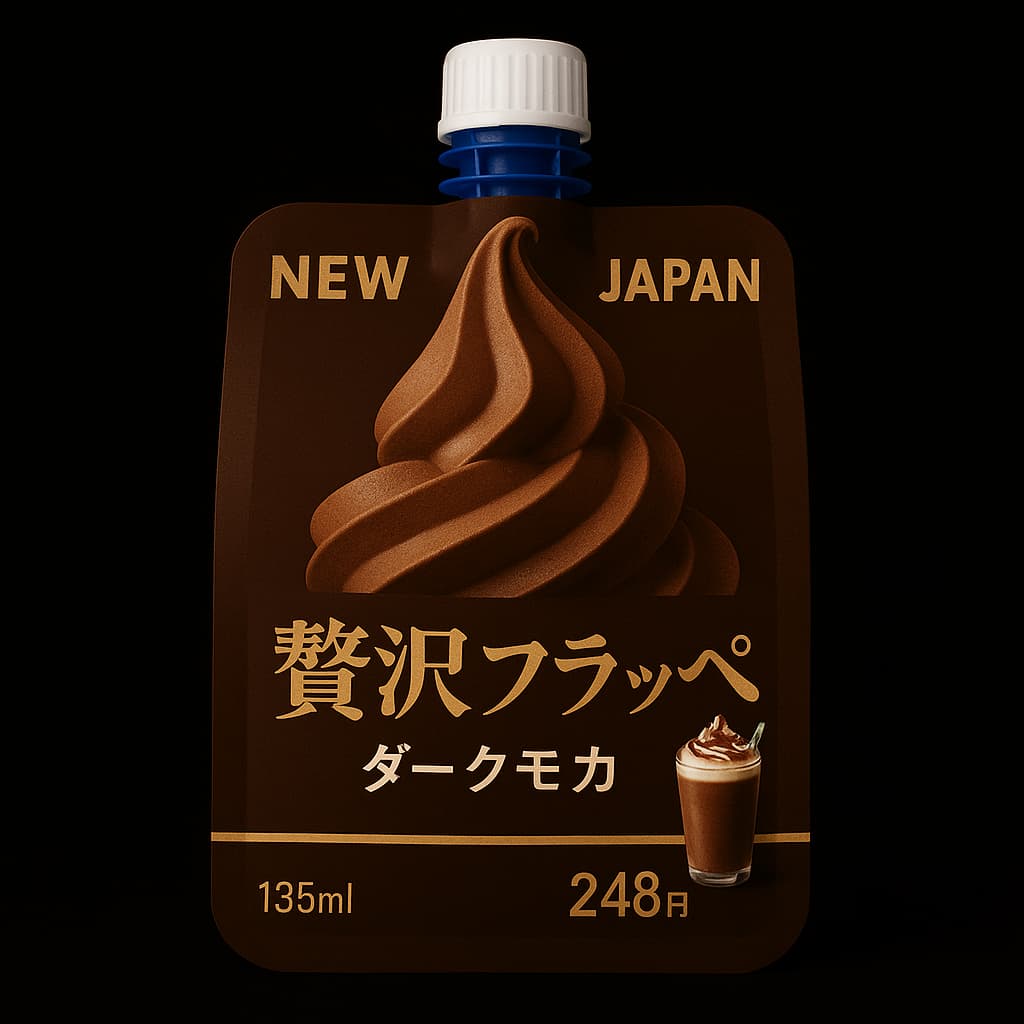 黒背景の前に、濃いブラウンのパウチ容器が配置された「贅沢フラッペ ダークモカ」のオリジナルパッケージ画像。中央にダークモカの渦巻きソフト風イラストが描かれ、商品名と価格248円、容量135mlが金色の文字で表示された高級感のあるデザイン。