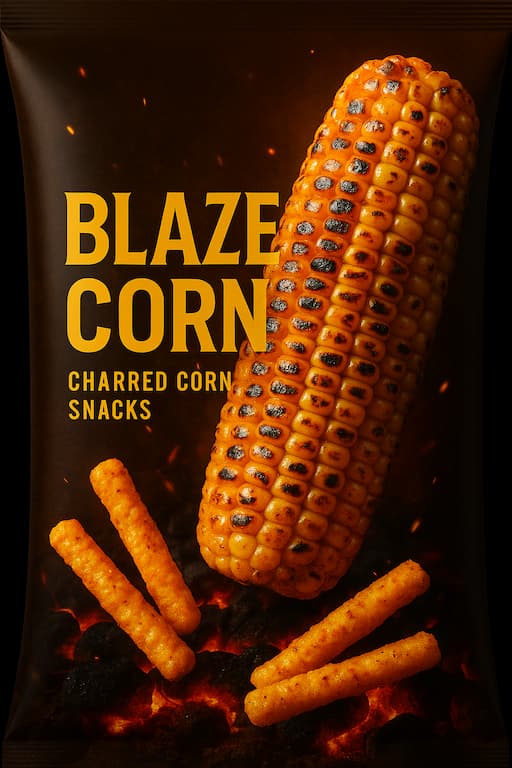 黒背景に焼きとうもろこしとスナック棒を配置した、炭火の香ばしさを表現したオリジナルスナック「焦がしブラウンスティック」のパッケージ風デザイン。中央に日本語のロゴと100g表示が入ったアイキャッチ画像。