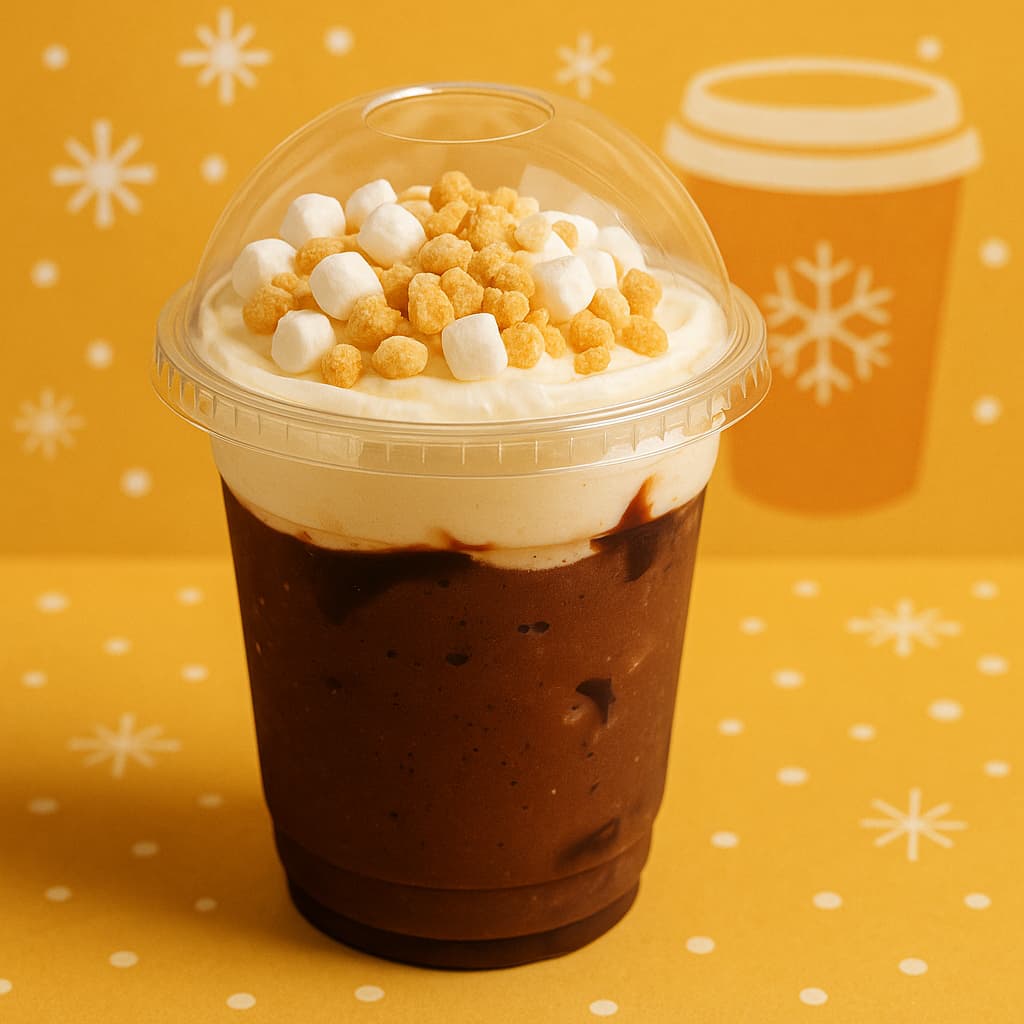 チョコレートフラペチーノの写真。ホイップクリームの上にミニマシュマロと全粒粉クランチがトッピングされ、黄色の冬柄背景で撮影されたホリデー風のドリンクイメージ。