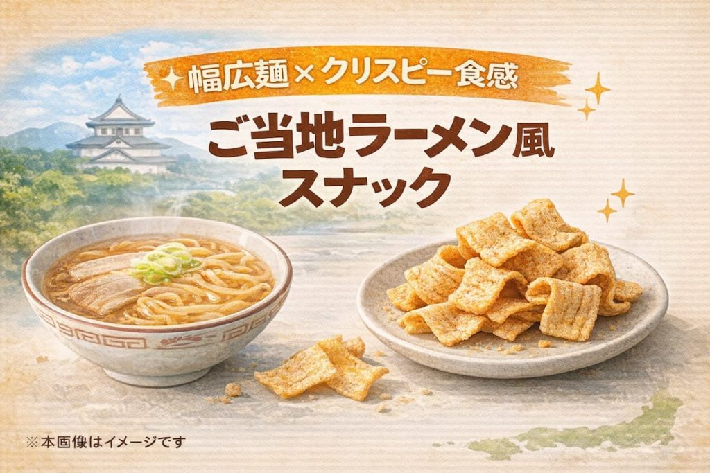 ご当地ラーメンをイメージした幅広麺のラーメンスナックと、醤油ラーメン風のビジュアルを組み合わせたイメージ画像