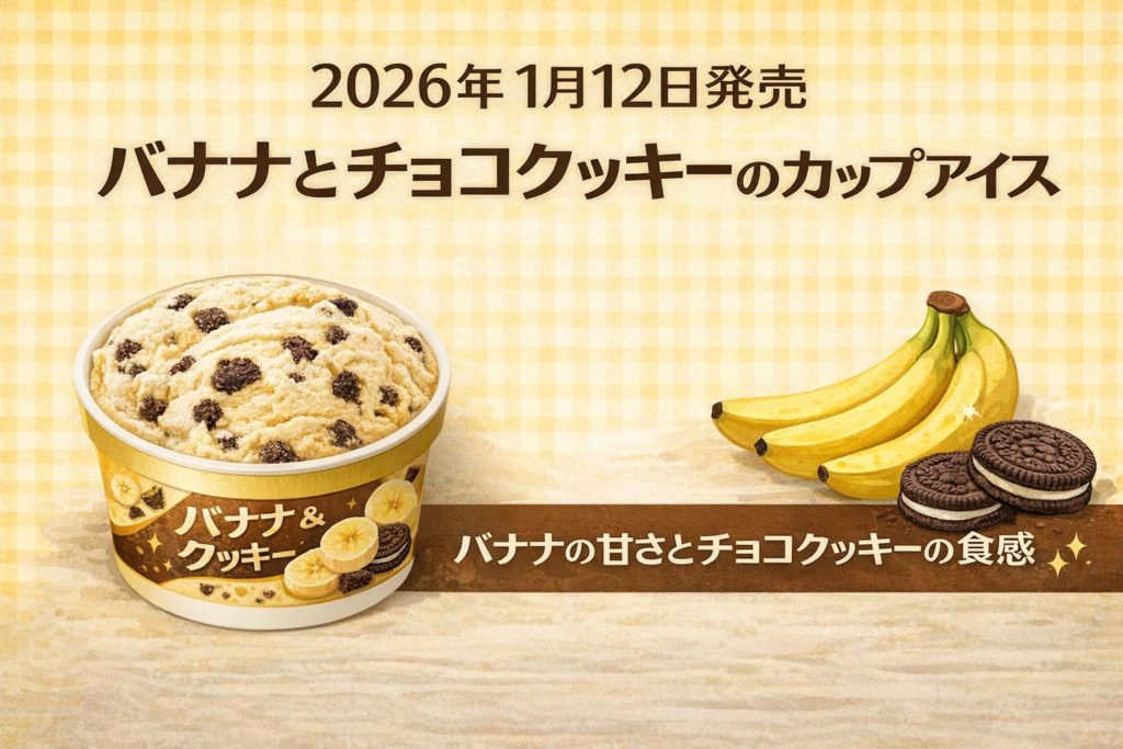 バナナ風味のアイスとチョコクッキーを組み合わせたカップアイスのイメージ画像。バナナの甘さとクッキーの食感を表現したシンプルなビジュアル。