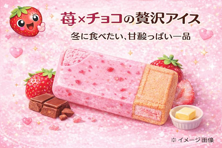 苺チップ入りピンクチョコでコーティングされた苺アイスを、発酵バター風味のクッキーでサンドしたデザートのイメージ画像