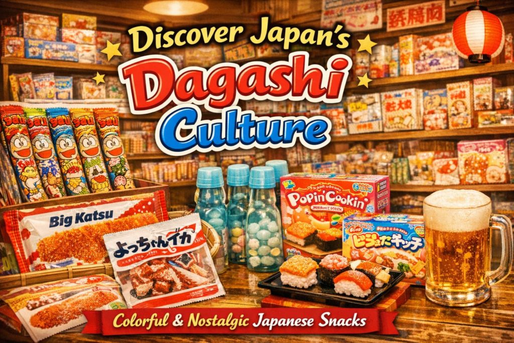 A traditional Japanese dagashi shop filled with colorful snacks like Umaibo, Big Katsu, and DIY candy kits