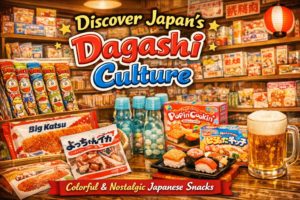 A traditional Japanese dagashi shop filled with colorful snacks like Umaibo, Big Katsu, and DIY candy kits