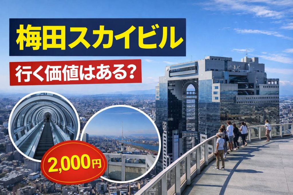 梅田スカイビルの空中庭園展望台から見た大阪の街並みと、シースルーエスカレーターや展望デッキの様子を組み合わせたブログ用アイキャッチ画像