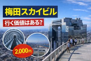 梅田スカイビルの空中庭園展望台から見た大阪の街並みと、シースルーエスカレーターや展望デッキの様子を組み合わせたブログ用アイキャッチ画像