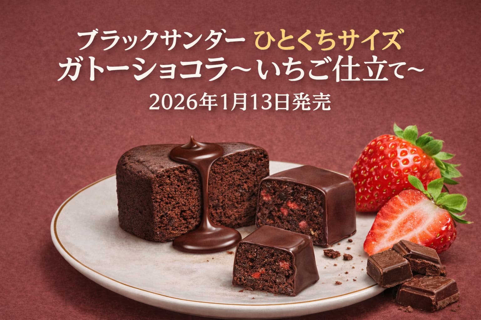 ガトーショコラ風のひとくちサイズチョコレートと、いちごを組み合わせたイメージ画像。しっとりとしたチョコの質感と、いちごのアクセントを表現している。