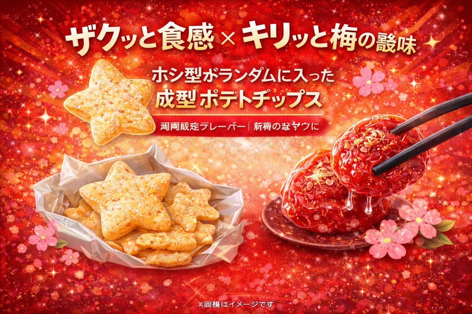 星形の成型ポテトチップスと梅をイメージした、梅風味スナックを紹介するブログ用アイキャッチ画像