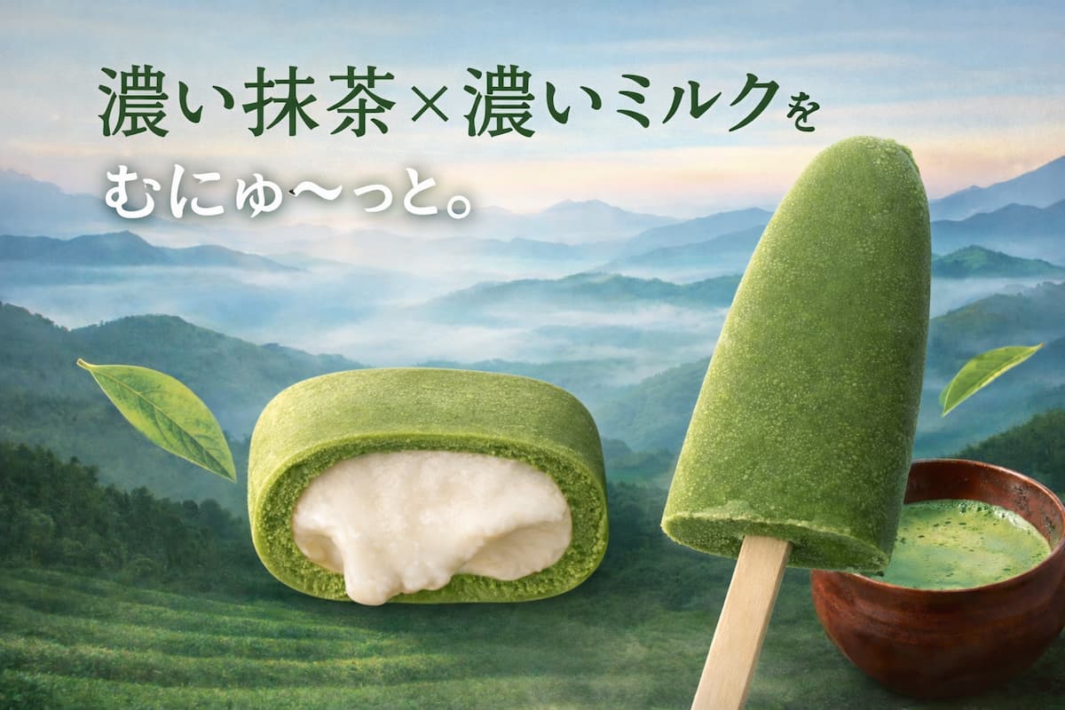 濃い抹茶アイスとミルクアイスの断面が分かるバーアイスのイメージ。抹茶とミルクの組み合わせを表現したイメージ画像