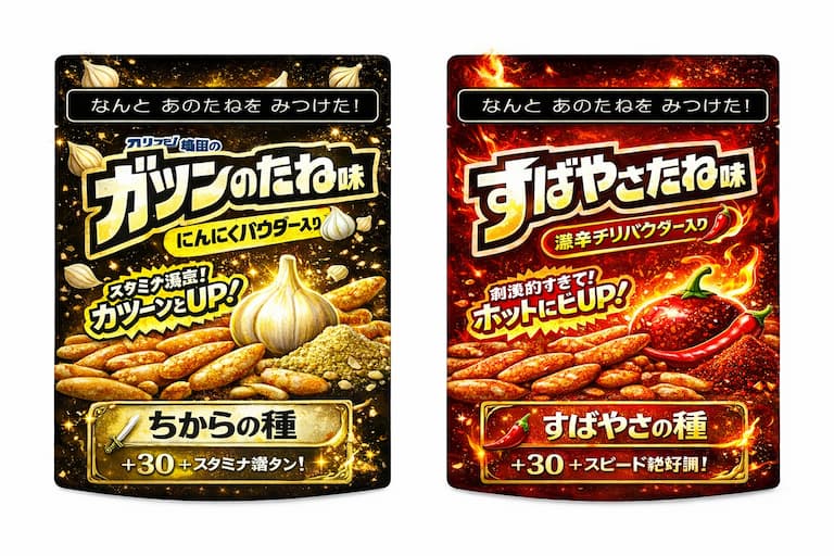 ドラゴンクエストの「ちからのたね」「すばやさのたね」をイメージした亀田の柿の種コラボ商品のイメージ