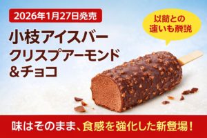 小枝アイスバー〈クリスプアーモンド＆チョコレート〉の断面を写したイメージ画像。アーモンド入りチョココーティングとチョコアイスの中身が分かる構成
