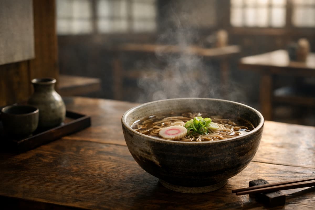 A simple bowl of Japanese soba noodles in a calm, traditional setting