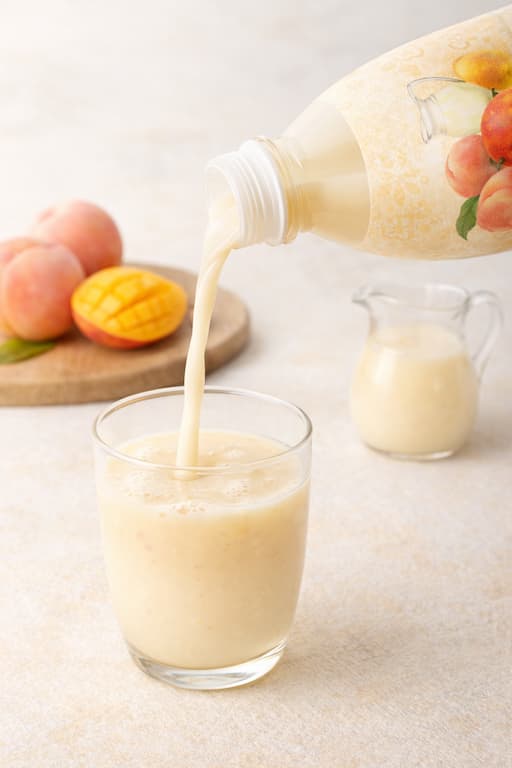 桃とマンゴー風味のミルクドリンクを透明なグラスに注いでいるイメージ画像