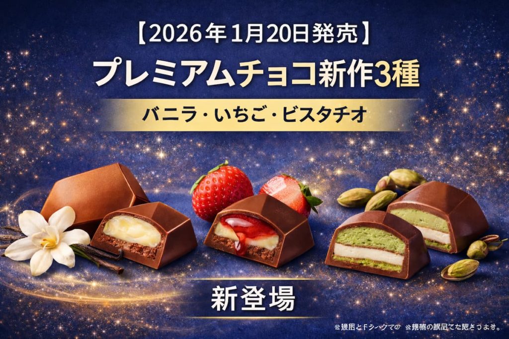 バニラ・いちご・ピスタチオの3種類のプレミアムチョコレートを並べたアイキャッチ画像。星空のような青い背景に、断面が見えるチョコと素材（バニラの花、いちご、ピスタチオ）が配置され、「2026年1月20日発売」「プレミアムチョコ新作3種」と書かれている。