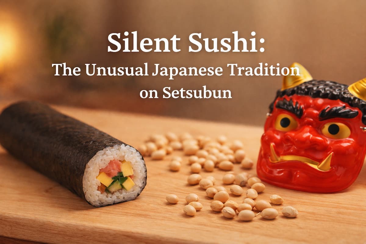 Illustration of Japan’s Setsubun tradition featuring an uncut sushi roll (ehomaki), roasted soybeans, and an oni mask, symbolizing the custom of eating sushi while facing the lucky direction.