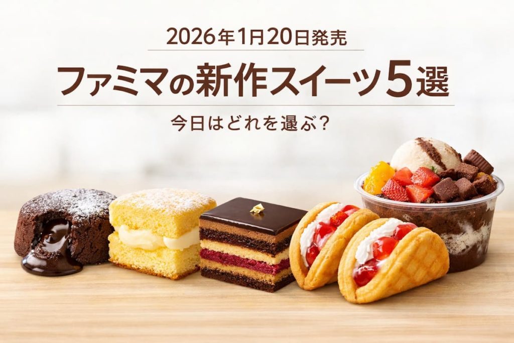 2026年1月20日発売のファミリーマート新作スイーツ5品（フォンダンショコラ、シフォンサンド、オペラケーキ、苺ワッフル、しろくまチョコ）を並べたシンプルなイメージ画像