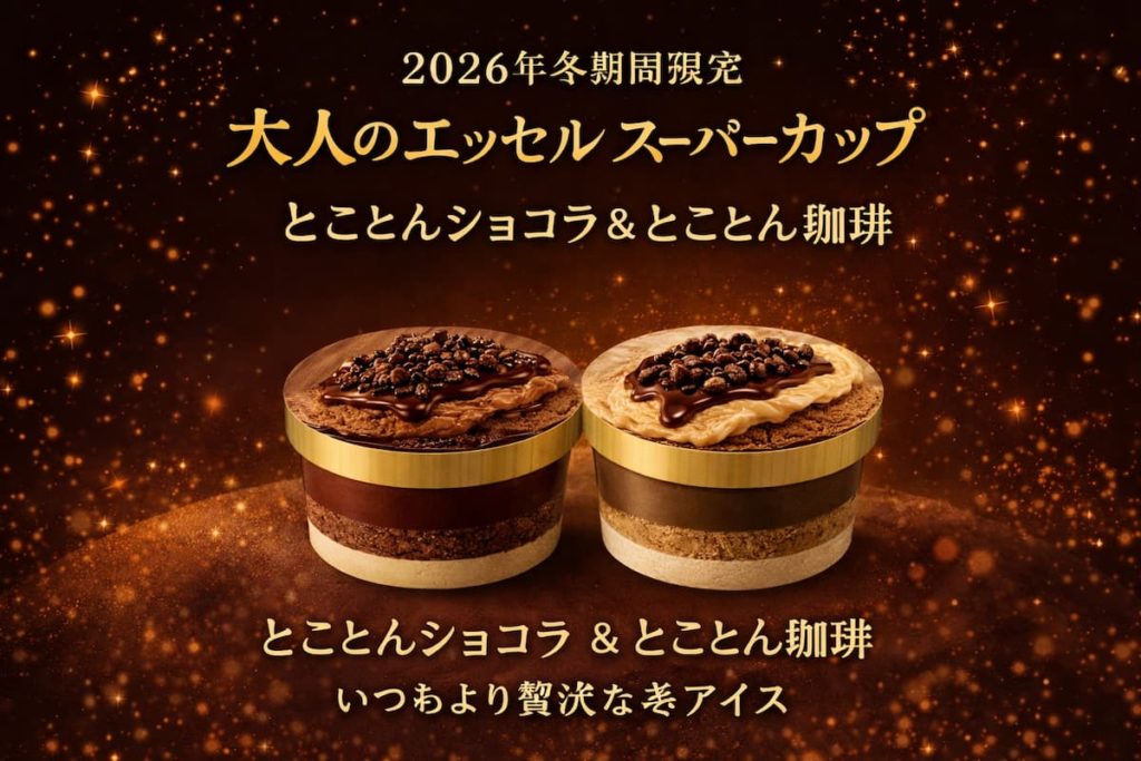 4層構造の大人向けアイスをイメージしたビジュアル。チョコとコーヒー風味の層に、とろりとしたソースとクランチを重ねたシンプルなデザイン。
