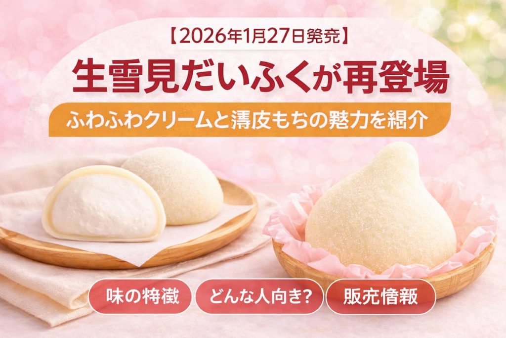 ふわふわのクリームを包んだ白い大福を木皿と竹かごに盛り付けた写真。やさしいピンク背景に「2026年1月27日発売」「生雪見だいふく再登場」「ふわふわクリームと薄皮もちの魅力を紹介」などの文字を配置したアイキャッチ画像。