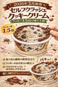 2026年3月発売のセルフクラッシュクッキークリーム特集アイキャッチ。クッキー1.5倍増量とパリパリチョコの仕組みを紹介するデザイン。