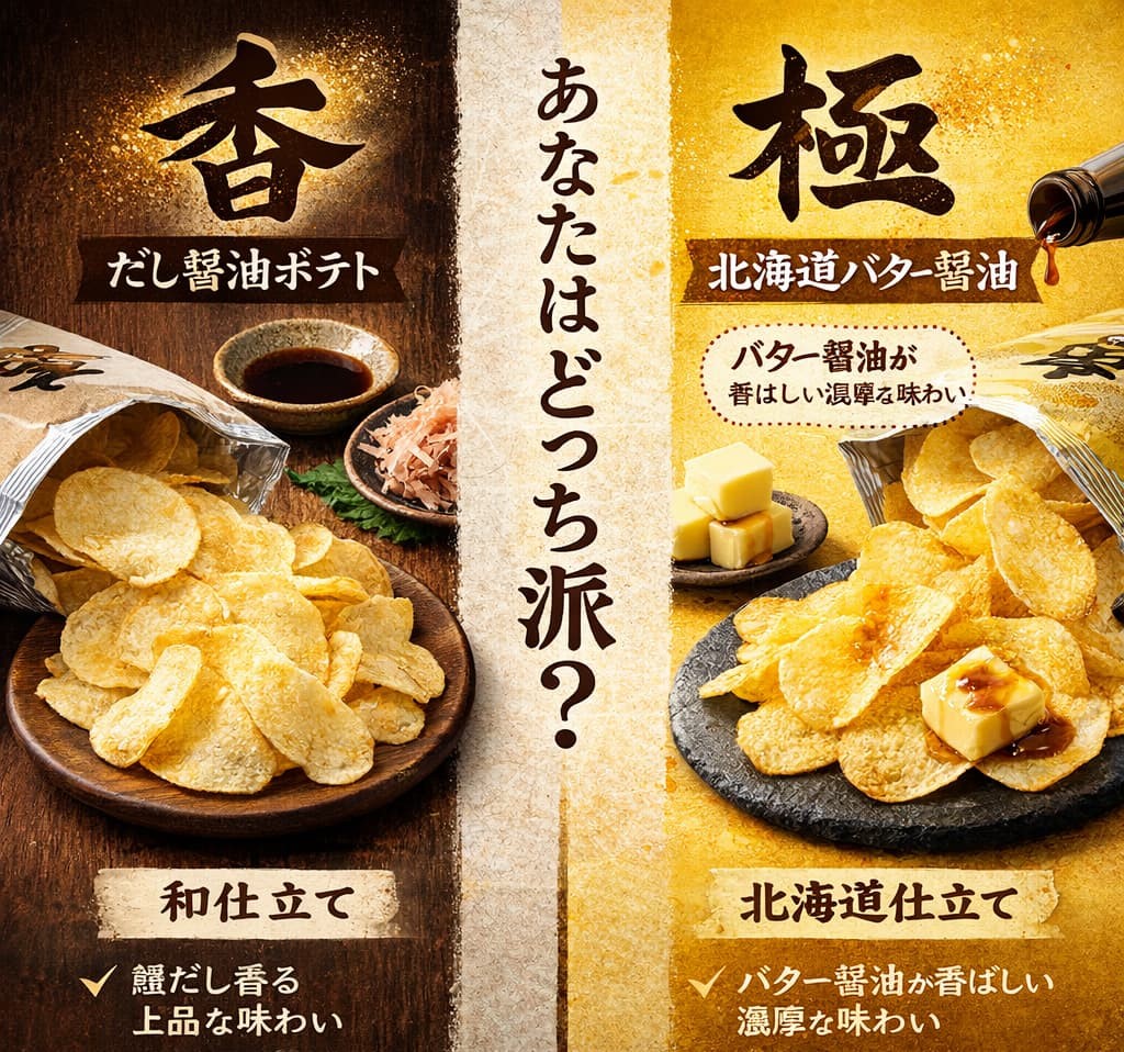 堅あげポテト北海道バターしょうゆ味と関西だししょうゆの比較インフォグラフィック画像