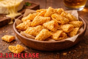 木目のテーブルに盛り付けられた、チーズビットをイメージしたチーズ系スナックのイメージ画像