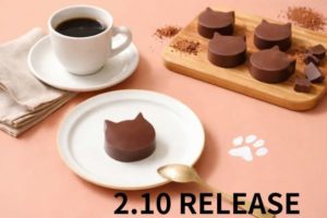 ねこ型のチョコレートテリーヌを皿に盛り付けたイメージ。くろねこをモチーフにしたシンプルで可愛らしいチョコスイーツ。