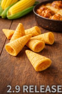 木目のテーブルに並べられた、三角すい形のコーンスナックとチーズタッカルビをイメージした料理のイメージ画像