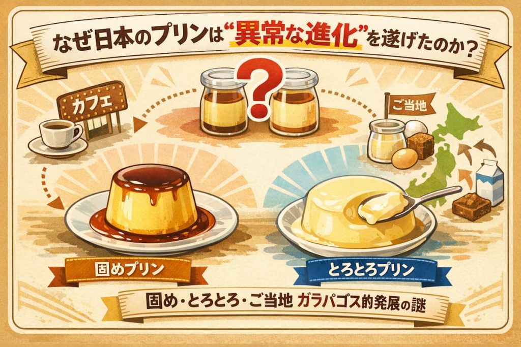 固めプリンととろとろプリン、ご当地瓶プリンを比較したインフォグラフィック。日本のプリンが異常な進化を遂げた理由を解説するアイキャッチ画像。