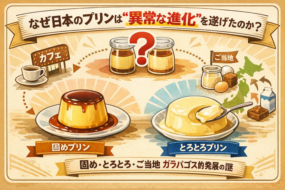 固めプリンととろとろプリン、ご当地瓶プリンを比較したインフォグラフィック。日本のプリンが異常な進化を遂げた理由を解説するアイキャッチ画像。