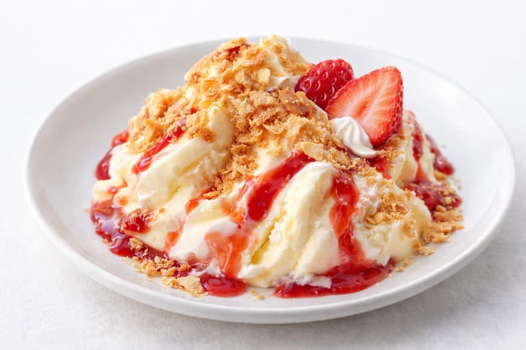 ストロベリーソースがかかったカスタードアイスにサクサクのフィアンティーヌと苺を添えたデザートのイメージ