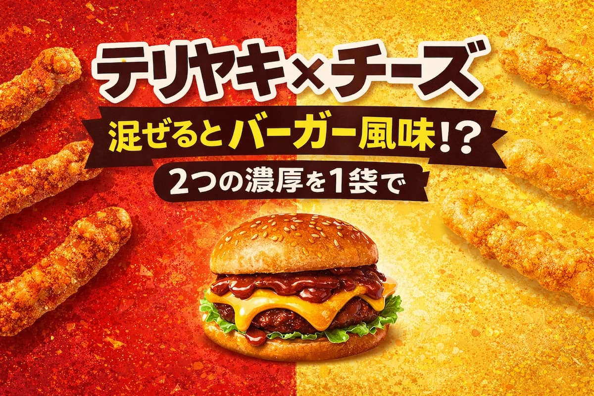 テリヤキ味とチーズ味を比較したデータ型インフォグラフィック。ミックスするとバーガー風味に変化するチートス新作スナックの特徴を解説する画像。